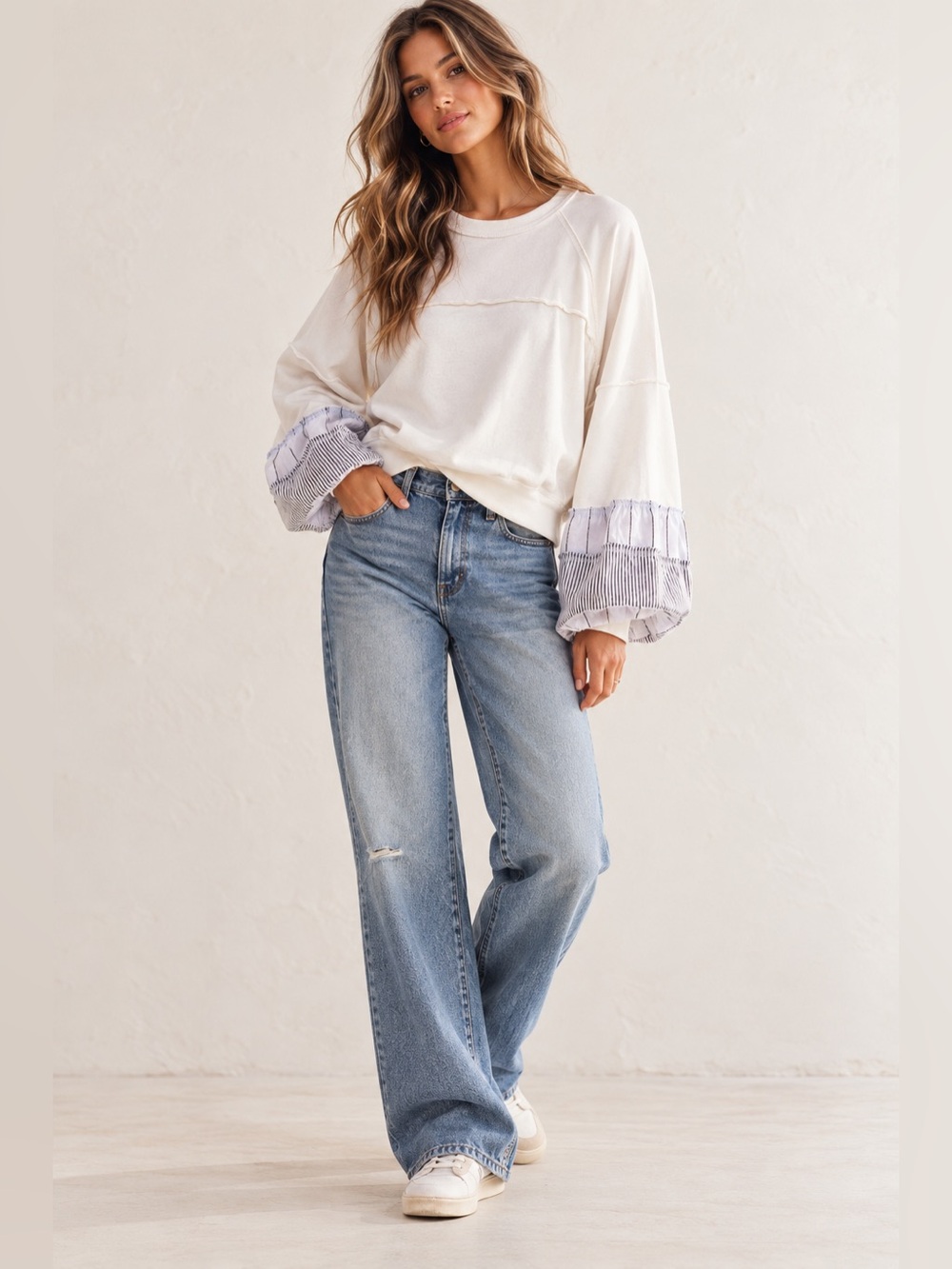 Free People We The Free Cool Girl Cuff Pullover White Striped Sleeves Large